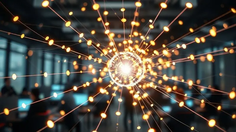A photorealistic intricate network of glowing data streams flowing between interconnected digital nodes, symbolizing seamless digital transformation and operational agility within a corporate environment. Cinematic lighting, sharp focus on the central network, depth of field blurring office workers in the background, 8K hyper-detailed, shot on a high-end DSLR.