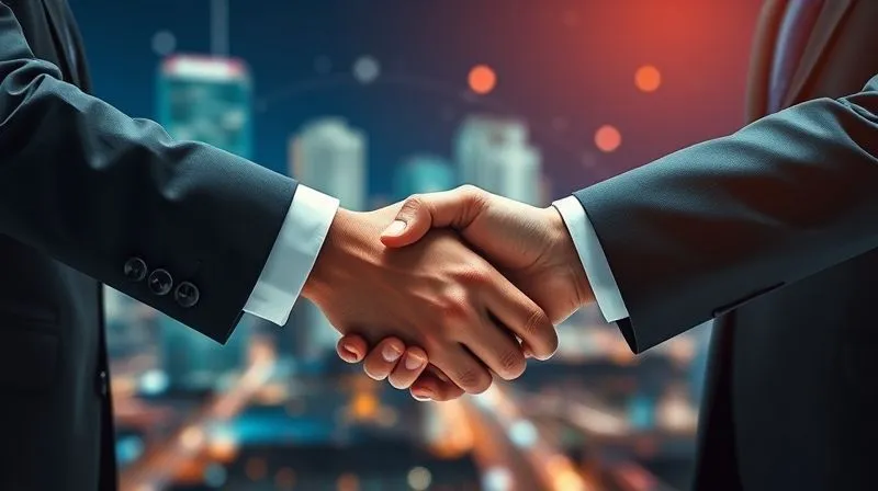 A photorealistic handshake between two diverse business professionals, symbolizing strategic partnership and collaboration. The handshake takes place against a backdrop of a blurred digital cityscape and a converging data network, indicating technological integration. Cinematic lighting, sharp focus on the hands, depth of field blurring the background, 8K hyper-detailed, shot on a high-end DSLR.