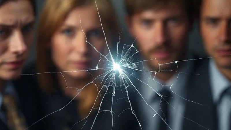 photorealistic, professional photography, 8K, cinematic lighting, sharp focus, depth of field, shot on a high-end DSLR, a metaphor for broken trust, showing a delicate, intricate glass structure with visible cracks spreading, a single beam of light trying to mend it, blurred background of concerned faces, conveying fragility and the urgent need for repair.