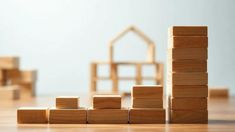 photorealistic, professional photography, 8K, cinematic lighting, sharp focus, depth of field, shot on a high-end DSLR, a series of perfectly stacked wooden blocks, each representing a small, visible achievement, leading up to a larger, partially built structure in the background, symbolizing incremental progress towards a big goal, with soft, encouraging light.