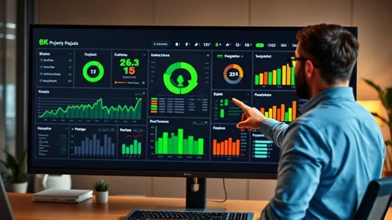 photorealistic, professional photography, 8K, cinematic lighting, sharp focus, depth of field, shot on a high-end DSLR, a sleek, modern project dashboard displayed on a large monitor in a professional office, showing various graphs and charts (e.g., progress, budget, risks) with green indicators for success and a few amber for caution, a project manager pointing to a specific metric, conveying clarity and control.