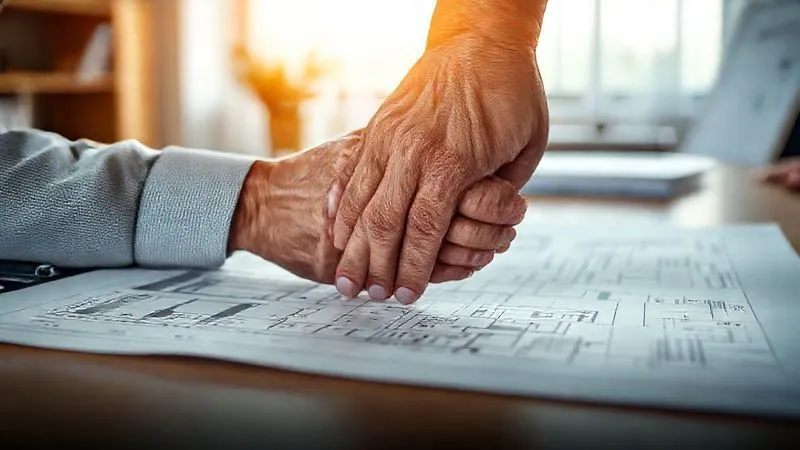 A photorealistic image of two hands, one older and one younger, clasped firmly over a meticulously drawn project plan, signifying renewed commitment and a shared understanding. The background shows a collaborative workspace, cinematic lighting, sharp focus on the hands and plan, depth of field. 8K hyper-detailed, professional photography, shot on a high-end DSLR.