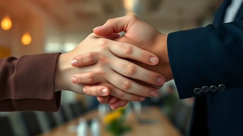 A photorealistic close-up of two hands clasped in a gesture of sincere apology and acceptance, with a blurred background of a modern office, soft, warm cinematic lighting, sharp focus on the hands, depth of field, 8K hyper-detailed, professional photography, shot on a high-end DSLR, emotionally resonant.