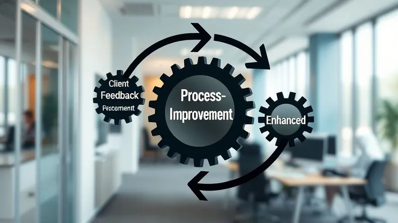 A photorealistic image showing a continuous feedback loop represented by interconnected gears or arrows in a professional, clean office environment. One gear is labeled 'Client Feedback', another 'Process Improvement', and a third 'Enhanced Service'. Cinematic lighting, sharp focus on the gears, depth of field, 8K hyper-detailed, professional photography, shot on a high-end DSLR, symbolizing continuous improvement. A photorealistic image showing a continuous feedback loop represented by interconnected gears or arrows in a professional, clean office environment. One gear is labeled 'Client Feedback', another 'Process Improvement', and a third 'Enhanced Service'. Cinematic lighting, sharp focus on the gears, depth of field, 8K hyper-detailed, professional photography, shot on a high-end DSLR, symbolizing continuous improvement.