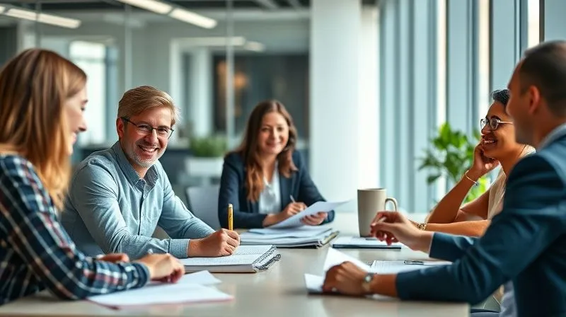 A photorealistic image of a diverse group of professionals in a modern, brightly lit office, sitting around a table with open notebooks and relaxed postures, engaged in lively, respectful discussion. One person is smiling genuinely as another shares an idea, conveying a sense of psychological safety and mutual trust. Cinematic lighting, sharp focus on the group, depth of field blurring the background, 8K hyper-detailed, shot on a high-end DSLR.