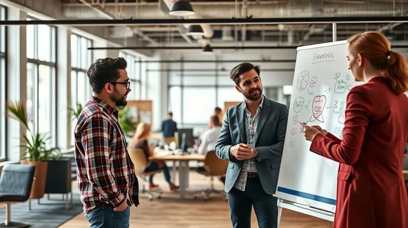 A photorealistic image of a vibrant, open-plan office space where professionals from different departments are naturally interacting and exchanging ideas. A software engineer is talking to a marketing specialist, and a designer is sketching on a whiteboard next to a business analyst. The scene emphasizes seamless cross-functional collaboration and diverse perspectives. Cinematic lighting, sharp focus on the interactions, depth of field blurring the background, 8K hyper-detailed, shot on a high-end DSLR.