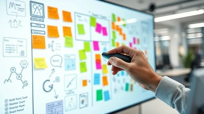A photorealistic image of a large, high-resolution monitor displaying a collaborative virtual whiteboard filled with colorful digital sticky notes, diagrams, and sketches. Hands are visible interacting with the screen using a stylus and mouse, symbolizing active digital ideation. The background shows a modern, ergonomic office environment. Cinematic lighting, sharp focus on the screen and hands, depth of field blurring the background, 8K hyper-detailed, shot on a high-end DSLR.