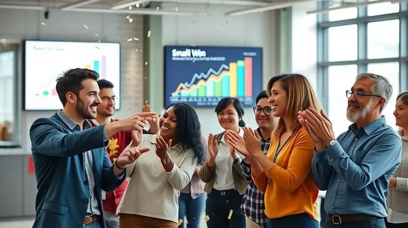 A photorealistic image of a diverse team in a modern office celebrating a small win. One team member is pointing excitedly at a chart on a large screen showing positive progress, while others are clapping and smiling genuinely. The atmosphere is vibrant and positive, with confetti subtly falling in the background. Cinematic lighting, sharp focus on the celebrating team, depth of field blurring the background, 8K hyper-detailed, shot on a high-end DSLR.