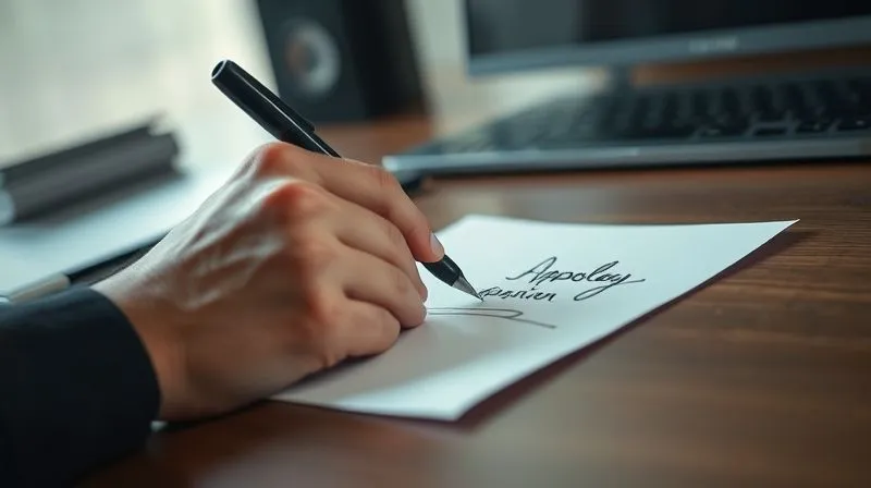 A photorealistic close-up of a hand writing a heartfelt, personalized apology note on high-quality paper, with a slightly blurred background of a professional office desk. Cinematic lighting, sharp focus on the writing, 8K hyper-detailed.