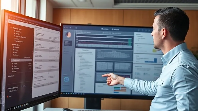 A photorealistic image of a detailed project plan or flowchart being reviewed by two professionals, pointing at key action items and timelines on a large monitor. The atmosphere is collaborative and focused, cinematic lighting, 8K hyper-detailed.
