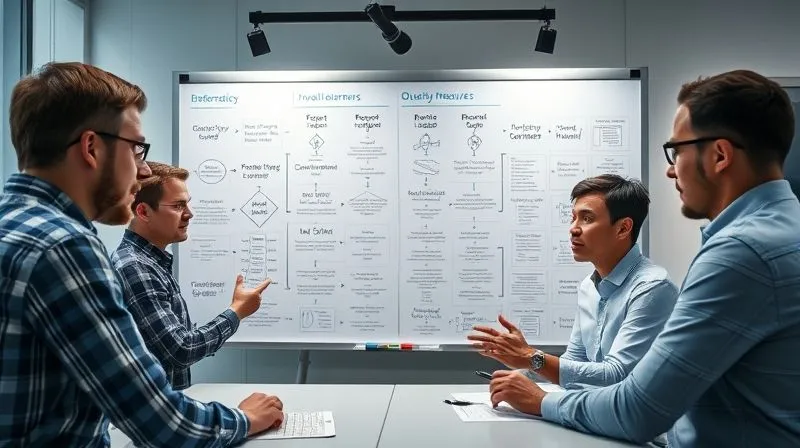A photorealistic image showing a team collaborating around a whiteboard filled with flowcharts and process diagrams, illustrating process improvement and quality control measures. Professional, modern office setting, cinematic lighting, 8K hyper-detailed.
