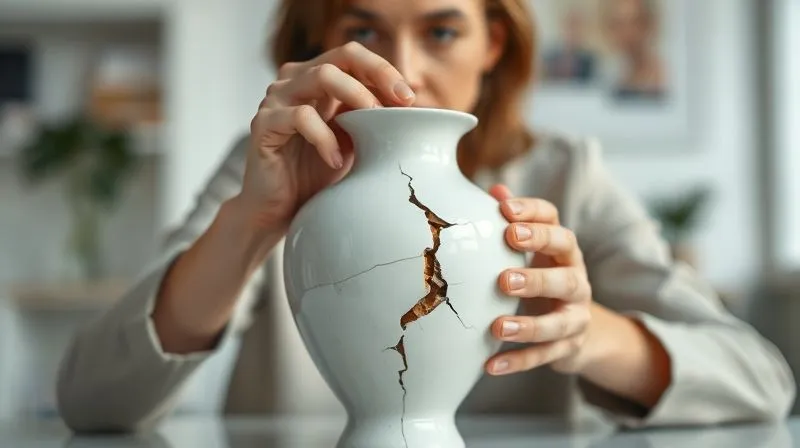 A person looking thoughtfully at a broken ceramic vase, carefully examining the cracks, representing a damaged relationship and the need for honest assessment. The setting is a modern, minimalist office. Photorealistic, professional photography, 8K, cinematic lighting, sharp focus on the hands and vase, depth of field blurring the background, shot on a high-end DSLR. A person looking thoughtfully at a broken ceramic vase, carefully examining the cracks, representing a damaged relationship and the need for honest assessment. The setting is a modern, minimalist office. Photorealistic, professional photography, 8K, cinematic lighting, sharp focus on the hands and vase, depth of field blurring the background, shot on a high-end DSLR.