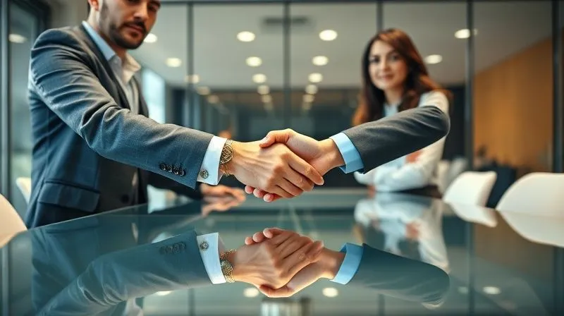 Two business professionals, one male and one female, shaking hands across a polished, clear glass conference table, symbolizing transparency and renewed agreement. Their expressions are serious yet hopeful. The background is a modern, brightly lit office. Photorealistic, professional photography, 8K, cinematic lighting, sharp focus on the handshake, depth of field blurring the background, shot on a high-end DSLR. Two business professionals, one male and one female, shaking hands across a polished, clear glass conference table, symbolizing transparency and renewed agreement. Their expressions are serious yet hopeful. The background is a modern, brightly lit office. Photorealistic, professional photography, 8K, cinematic lighting, sharp focus on the handshake, depth of field blurring the background, shot on a high-end DSLR.