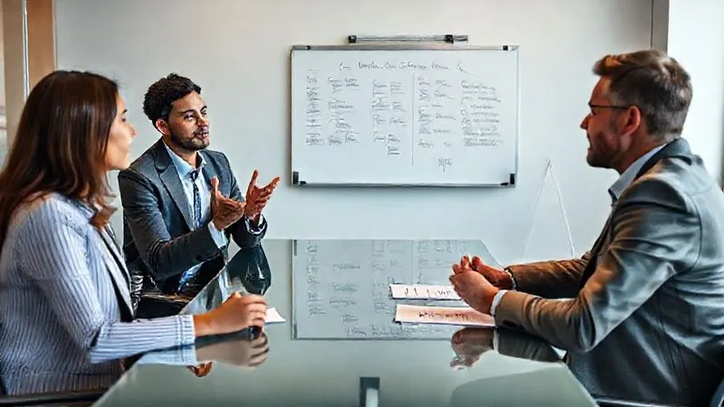A photorealistic image of three diverse business professionals seated around a modern conference table, one acting as a neutral mediator, gesturing calmly as two partners engage in a serious but controlled discussion. A whiteboard with bullet points is visible in the background, professional photography, 8K, cinematic lighting, sharp focus, depth of field, shot on a high-end DSLR A photorealistic image of three diverse business professionals seated around a modern conference table, one acting as a neutral mediator, gesturing calmly as two partners engage in a serious but controlled discussion. A whiteboard with bullet points is visible in the background, professional photography, 8K, cinematic lighting, sharp focus, depth of field, shot on a high-end DSLR
