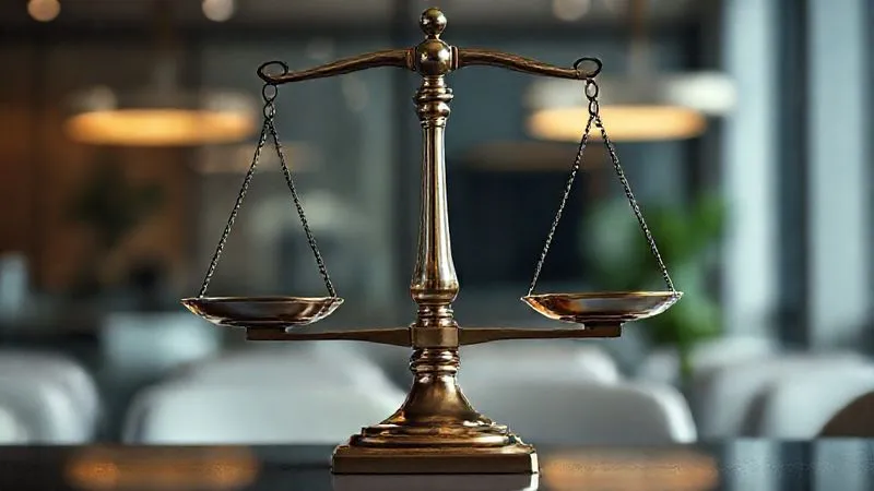 A photorealistic image of a balanced weighing scale, with two distinct, symbolic weights on either side, representing differing equity or power distribution, set against a blurred background of a modern office, cinematic lighting, sharp focus on the scale.