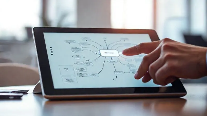 A photorealistic close-up of two hands, one gently pointing at a specific, highlighted section of a complex flowchart or mind map on a tablet screen, symbolizing identifying core issues. The background is a softly blurred office environment, cinematic lighting, sharp focus on the hands and tablet.