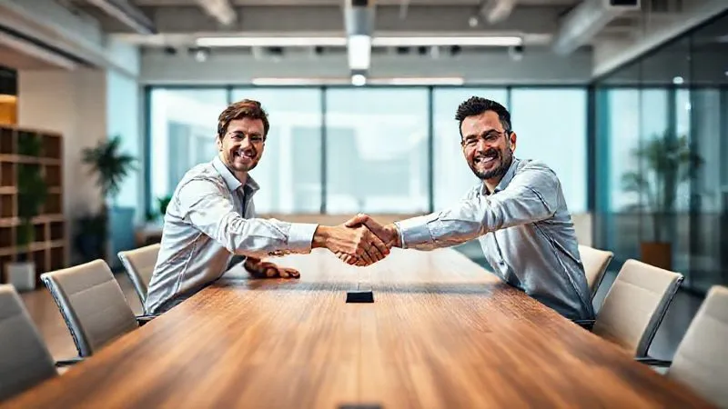 A photorealistic wide shot of two co-founders shaking hands firmly across a modern conference table, both smiling genuinely, surrounded by a bright, open office space, symbolizing renewed trust and a unified path forward. Cinematic lighting, sharp focus on the handshake, depth of field blurring the background.