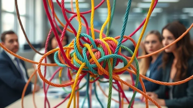 A photorealistic image depicting a complex network of tangled, brightly colored ropes or wires, symbolizing conflicting priorities and communication breakdowns within a professional setting. The ropes are knotted and pulled in different directions, with some fraying edges. Professional photography, 8K, cinematic lighting, sharp focus on the central tangle, depth of field blurring a background of diverse office workers looking confused.