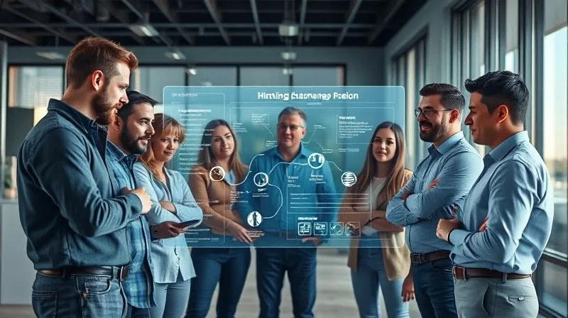A photorealistic image of a diverse group of professionals from various departments (e.g., engineer, marketer, sales rep, designer) standing around a large, illuminated holographic projection of a detailed project roadmap or strategic plan. They are all looking at it with focused, unified expressions, pointing and discussing collaboratively. Professional photography, 8K, cinematic lighting, sharp focus on the group and the projection, depth of field blurring the modern office background.