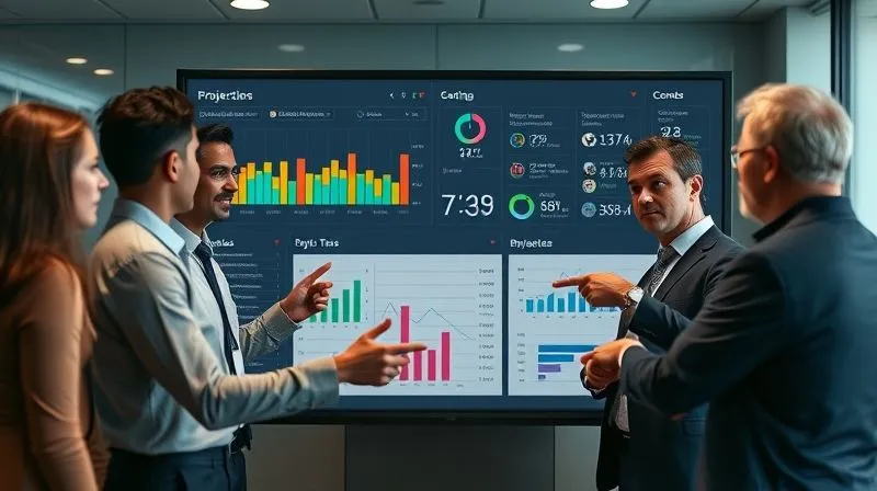 A photorealistic, highly detailed digital dashboard displaying various project metrics: burn-down charts, resource allocation graphs, and task completion rates. The dashboard has a clean, modern UI with vibrant data visualizations, reflecting real-time data. A diverse, professional team is gathered around it, pointing and discussing with focused expressions. Professional photography, 8K, cinematic lighting, sharp focus on the dashboard, depth of field blurring the team.