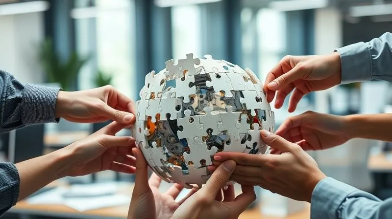 A photorealistic image of a complex, three-dimensional puzzle being continuously reconfigured and improved by multiple diverse hands working together. Some pieces are being added, others adjusted, and a clear, evolving picture is forming. The lighting is bright and optimistic. Professional photography, 8K, cinematic lighting, sharp focus on the puzzle and hands, depth of field blurring a dynamic, modern office background.