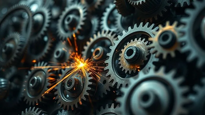A photorealistic image of a complex web of interconnected gears, some grinding against each other and sparking, symbolizing resource conflicts in project management. Cinematic lighting, sharp focus on the friction points, depth of field blurring the background, 8K hyper-detailed, professional photography, shot on a high-end DSLR.