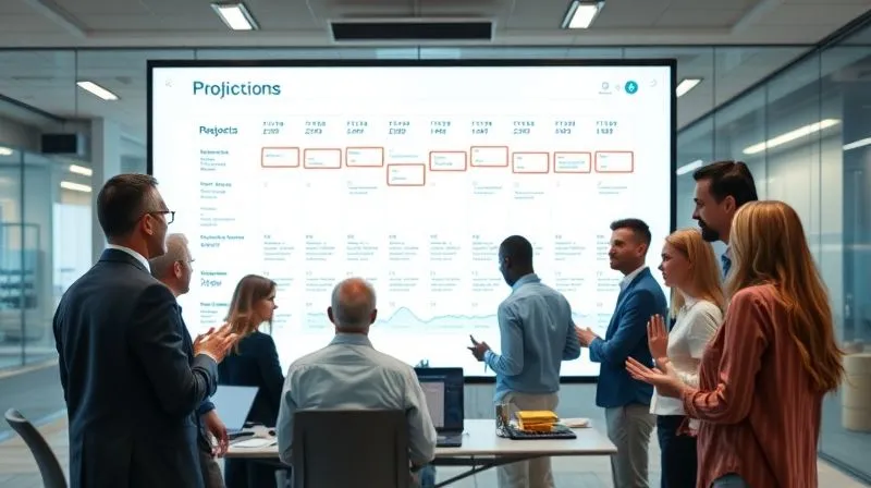 A photorealistic image of a diverse group of professionals from different departments collaborating seamlessly around a large, interactive digital whiteboard displaying project timelines and resource allocations. The atmosphere is dynamic and engaged, with cinematic lighting, sharp focus on the team, depth of field blurring the modern office background, 8K hyper-detailed, professional photography, shot on a high-end DSLR.