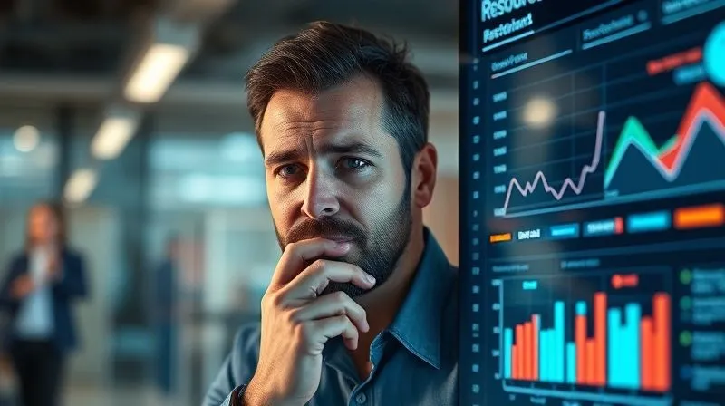 A photorealistic image of a project manager intently analyzing a dynamic digital dashboard displaying real-time resource allocation and project progress, with graphs and charts fluctuating. The manager has a thoughtful expression, surrounded by a modern office environment, cinematic lighting, sharp focus on the dashboard, depth of field blurring the background, 8K hyper-detailed, professional photography, shot on a high-end DSLR.