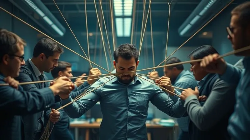 A photorealistic image of multiple project managers in a dimly lit, chaotic office, each pulling on different ropes tied to a single, overwhelmed employee in the center. The employee looks stressed and exhausted. Cinematic lighting, sharp focus on the central conflict, depth of field blurring the background. 8K, shot on a high-end DSLR, professional photography. A photorealistic image of multiple project managers in a dimly lit, chaotic office, each pulling on different ropes tied to a single, overwhelmed employee in the center. The employee looks stressed and exhausted. Cinematic lighting, sharp focus on the central conflict, depth of field blurring the background. 8K, shot on a high-end DSLR, professional photography.
