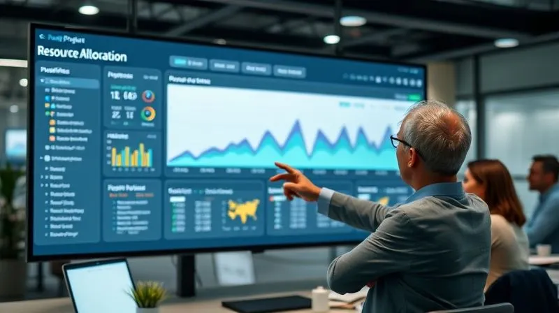 A photorealistic image of a clear, organized project dashboard on a large monitor, displaying resource allocation graphs with smooth, leveled lines instead of jagged peaks. A project manager points confidently at the screen, with a team collaborating calmly in the background. Cinematic lighting, sharp focus on the dashboard, depth of field. 8K, shot on a high-end DSLR, professional photography. A photorealistic image of a clear, organized project dashboard on a large monitor, displaying resource allocation graphs with smooth, leveled lines instead of jagged peaks. A project manager points confidently at the screen, with a team collaborating calmly in the background. Cinematic lighting, sharp focus on the dashboard, depth of field. 8K, shot on a high-end DSLR, professional photography.
