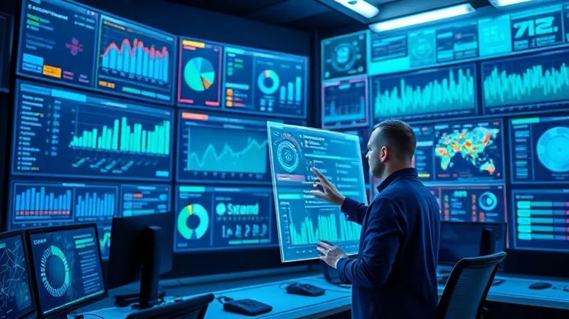 A photorealistic image of a futuristic control room, with multiple large, transparent screens displaying complex data visualizations of resource allocation, project timelines, and predictive analytics. A project lead interacts with a holographic interface, making strategic adjustments. Blue and green light hues, sharp focus on the data, depth of field. 8K, shot on a high-end DSLR, professional photography. A photorealistic image of a futuristic control room, with multiple large, transparent screens displaying complex data visualizations of resource allocation, project timelines, and predictive analytics. A project lead interacts with a holographic interface, making strategic adjustments. Blue and green light hues, sharp focus on the data, depth of field. 8K, shot on a high-end DSLR, professional photography.