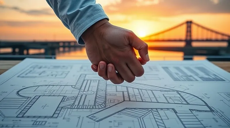 A photorealistic image of two hands shaking firmly over a blueprint of a complex bridge, with the background showing a partially constructed bridge under a sunset. The hands are professional, conveying agreement and collaboration. Cinematic lighting highlights the handshake and the blueprint, with sharp focus on the hands, depth of field blurring the background. 8K hyper-detailed, professional photography, shot on a high-end DSLR.