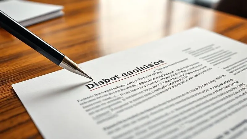 A photorealistic close-up of a legal contract page, with a pen highlighting the 'Dispute Resolution' clause. The document is on a polished wooden desk in a modern office, cinematic lighting, sharp focus on the text, depth of field blurring the background, 8K hyper-detailed.