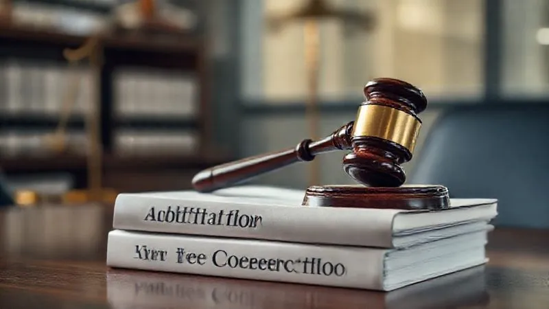 A photorealistic image of a judge's gavel resting on a stack of legal documents labeled 'Arbitration Award' and 'New York Convention'. The setting is a professional law office with soft, cinematic lighting, sharp focus on the gavel and documents, depth of field blurring the background, 8K hyper-detailed.