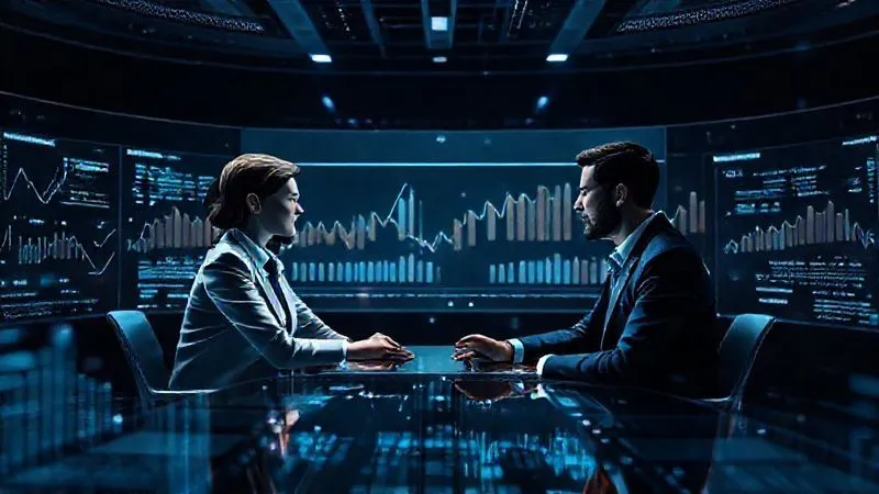 A photorealistic and futuristic interface showing a digital mediation session with avatars of two parties and a mediator, surrounded by data analytics and contract clauses, cinematic lighting, sharp focus, depth of field, 8K hyper-detailed.