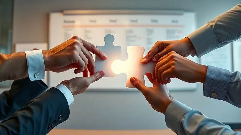 A photorealistic image of diverse professional hands, representing different departments, interlocking and pushing a single, large, glowing puzzle piece into a complete picture. The background is a slightly blurred office setting with a whiteboard showing project timelines. Professional photography, 8K, cinematic lighting, sharp focus on the hands and puzzle piece, depth of field blurring the background, shot on a high-end DSLR. The image conveys unity and shared purpose.