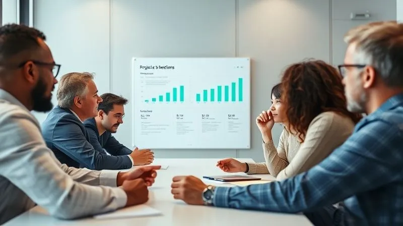 A photorealistic image of a professional mediator calmly facilitating a discussion between two diverse teams, represented by people on opposite sides of a conference table. They are looking at a shared digital dashboard displaying project milestones. The atmosphere is tense but hopeful. Professional photography, 8K, cinematic lighting, sharp focus on the faces and the digital dashboard, depth of field blurring the background, shot on a high-end DSLR. The scene conveys structured resolution in progress.