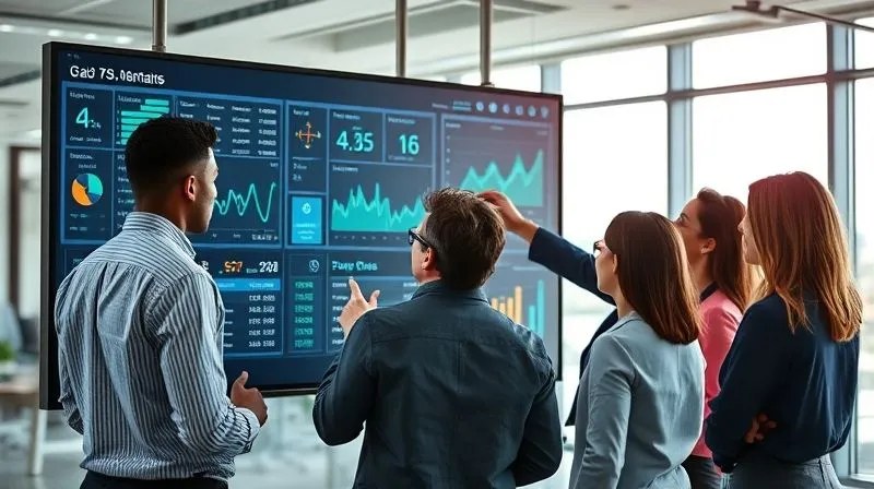 A photorealistic image of a diverse team of professionals collaboratively analyzing a complex data dashboard on a large screen, showing various metrics and trends. They are engaged in discussion, pointing at different parts of the screen. The setting is a modern, brightly lit office. Professional photography, 8K, cinematic lighting, sharp focus on the team and the screen, depth of field blurring the background, shot on a high-end DSLR. The image conveys data-driven monitoring and continuous improvement.