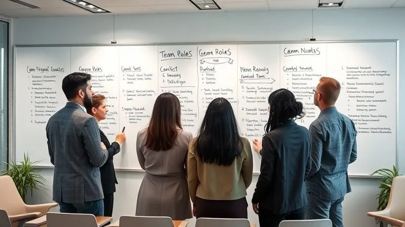 A diverse group of professionals in a modern, well-lit conference room, collaboratively writing on a large whiteboard filled with diagrams and notes on team roles, communication channels, and conflict resolution steps. The atmosphere is engaged and productive. Photorealistic, professional photography, 8K, cinematic lighting, sharp focus, depth of field, shot on a high-end DSLR. A diverse group of professionals in a modern, well-lit conference room, collaboratively writing on a large whiteboard filled with diagrams and notes on team roles, communication channels, and conflict resolution steps. The atmosphere is engaged and productive. Photorealistic, professional photography, 8K, cinematic lighting, sharp focus, depth of field, shot on a high-end DSLR.