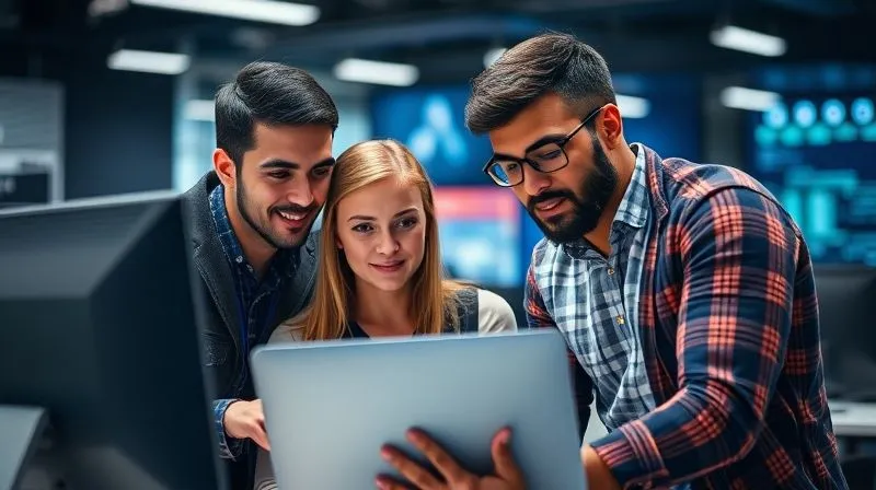 A diverse group of professionals from different departments (e.g., a developer and a QA tester) are seen collaborating closely, looking at a computer screen together, with a sense of mutual understanding and respect. The background shows a modern tech office environment. Photorealistic, professional photography, 8K, cinematic lighting, sharp focus, depth of field, shot on a high-end DSLR. A diverse group of professionals from different departments (e.g., a developer and a QA tester) are seen collaborating closely, looking at a computer screen together, with a sense of mutual understanding and respect. The background shows a modern tech office environment. Photorealistic, professional photography, 8K, cinematic lighting, sharp focus, depth of field, shot on a high-end DSLR.