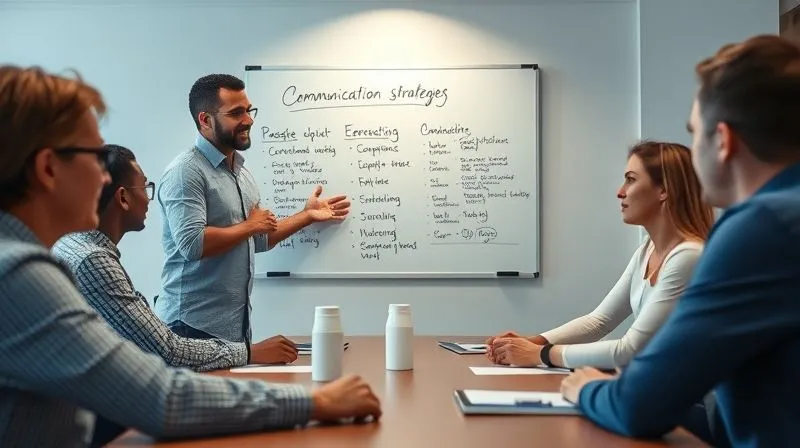 A confident and empathetic leader is facilitating a team discussion, gesturing towards a whiteboard with notes on communication strategies and team agreements. The team members around the table are engaged and listening intently, reflecting a positive and respectful atmosphere. Photorealistic, professional photography, 8K, cinematic lighting, sharp focus, depth of field, shot on a high-end DSLR. A confident and empathetic leader is facilitating a team discussion, gesturing towards a whiteboard with notes on communication strategies and team agreements. The team members around the table are engaged and listening intently, reflecting a positive and respectful atmosphere. Photorealistic, professional photography, 8K, cinematic lighting, sharp focus, depth of field, shot on a high-end DSLR.