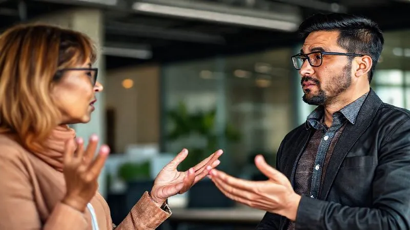 A photorealistic image showing two individuals from different cultural backgrounds attempting to communicate. One person (representing low-context) is speaking directly and clearly with open hands, while the other (representing high-context) is listening intently, observing non-verbal cues, with a subtle, contemplative expression. The background is a modern, diverse office setting, 8K, cinematic lighting, sharp focus, depth of field, professional photography. A photorealistic image showing two individuals from different cultural backgrounds attempting to communicate. One person (representing low-context) is speaking directly and clearly with open hands, while the other (representing high-context) is listening intently, observing non-verbal cues, with a subtle, contemplative expression. The background is a modern, diverse office setting, 8K, cinematic lighting, sharp focus, depth of field, professional photography.