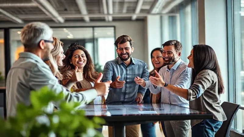 A photorealistic image of a diverse team of 6-8 people collaborating enthusiastically around a large interactive screen in a modern office. They are smiling, making eye contact, and actively contributing, with some high-fiving or giving thumbs up. The atmosphere is energetic and positive, professional photography, 8K, cinematic lighting, sharp focus, depth of field. A photorealistic image of a diverse team of 6-8 people collaborating enthusiastically around a large interactive screen in a modern office. They are smiling, making eye contact, and actively contributing, with some high-fiving or giving thumbs up. The atmosphere is energetic and positive, professional photography, 8K, cinematic lighting, sharp focus, depth of field.