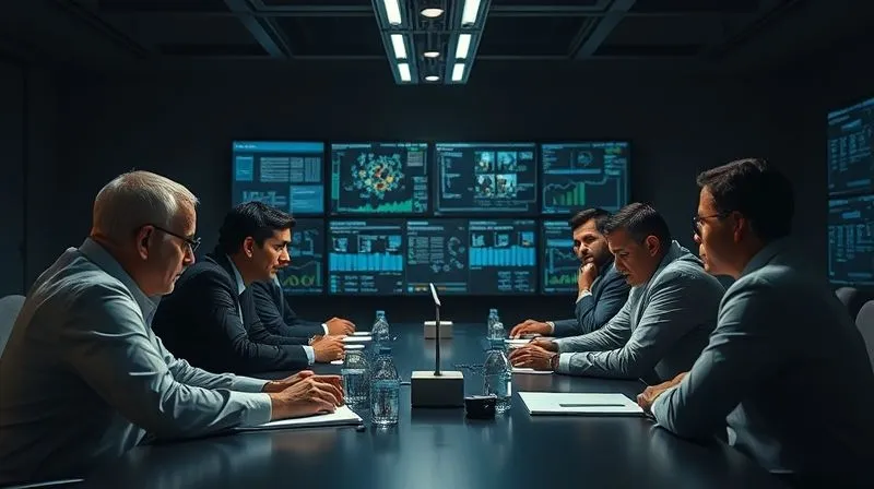 Photorealistic, professional photography, 8K, cinematic lighting, sharp focus, depth of field, shot on a high-end DSLR of a diverse team of executives intently gathered around a large table in a modern, dimly lit war room, reviewing data on multiple screens, showing urgency and focused collaboration. Soft, strategic lighting highlights their determined expressions.
