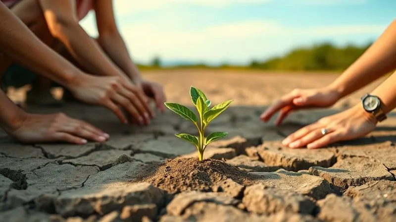 Photorealistic, professional photography, 8K, cinematic lighting, sharp focus, depth of field, shot on a high-end DSLR of a diverse group of people, hands gently nurturing a small, vibrant green seedling emerging from cracked, dry earth. The background shows a recovering landscape under a clearing, hopeful sky, symbolizing growth and renewal after hardship.