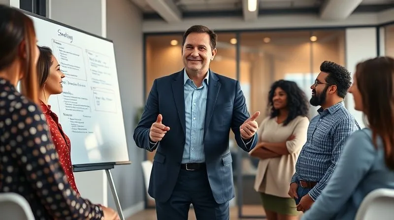Photorealistic, professional photography, 8K, cinematic lighting, sharp focus, depth of field, shot on a high-end DSLR of a confident, empathetic CEO standing before a diverse team in a modern office, gesturing towards a whiteboard with strategy notes. The atmosphere is collaborative and hopeful, reflecting strong leadership and team unity.