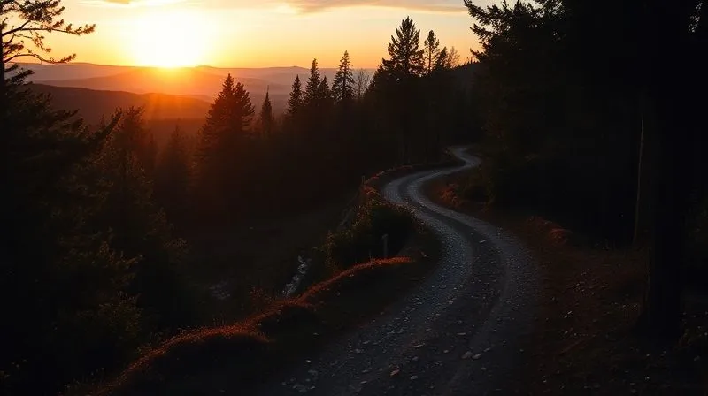 Photorealistic, professional photography, 8K, cinematic lighting, sharp focus, depth of field, shot on a high-end DSLR of a winding, illuminated path leading through a dense, dark forest towards a bright, distant sunrise over a serene landscape. Symbolizes a journey of recovery and hope after navigating challenges.