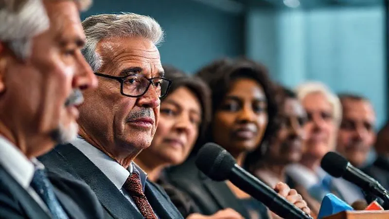 A photorealistic image of a diverse group of corporate leaders, one speaking earnestly and empathetically into a microphone at a press conference, with expressions of concern and sincerity on their faces. Professional photography, 8K, cinematic lighting, sharp focus on the speaker, depth of field blurring the background, shot on a high-end DSLR.