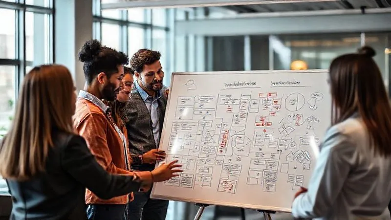 A photorealistic image of a diverse team of professionals in a modern office, intensely collaborating around a whiteboard filled with diagrams and action plans, symbolizing problem-solving and strategic implementation. Professional photography, 8K, cinematic lighting, sharp focus on the team and whiteboard, depth of field blurring the background, shot on a high-end DSLR.
