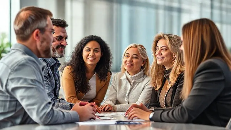 A photorealistic image of a diverse group of people, representing various stakeholders (customers, employees, community members), engaging in an open dialogue with corporate representatives in a bright, modern meeting space, with expressions of attentive listening and understanding. Professional photography, 8K, cinematic lighting, sharp focus on the interaction, depth of field blurring the background, shot on a high-end DSLR.